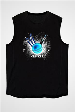 Kriket - Cricket Baskılı Unisex Siyah Kolsuz Tişört