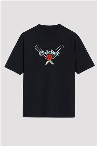 Kriket - Cricket Baskılı Unisex Siyah Oversize Tişört