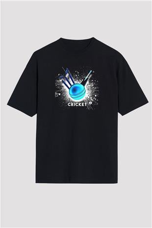 Kriket - Cricket Baskılı Unisex Siyah Oversize Tişört