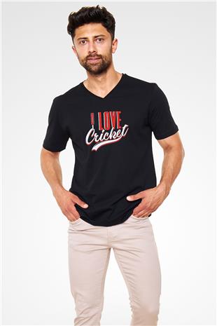 Kriket - Cricket Baskılı Unisex Siyah V Yaka Tişört