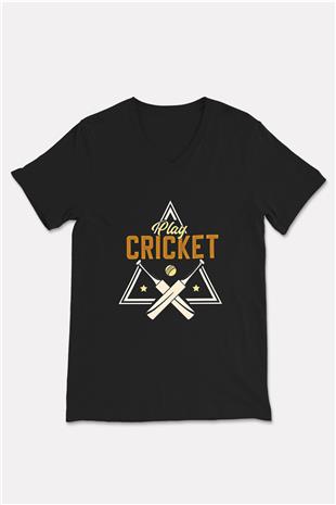 Kriket - Cricket Baskılı Unisex Siyah V Yaka Tişört