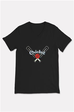 Kriket - Cricket Baskılı Unisex Siyah V Yaka Tişört