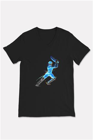 Kriket - Cricket Baskılı Unisex Siyah V Yaka Tişört