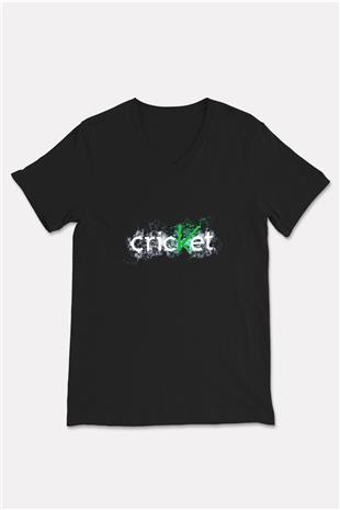 Kriket - Cricket Baskılı Unisex Siyah V Yaka Tişört