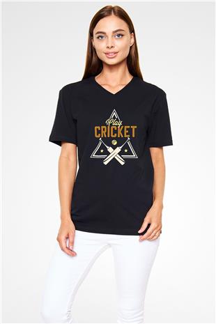 Kriket - Cricket Baskılı Unisex Siyah V Yaka Tişört