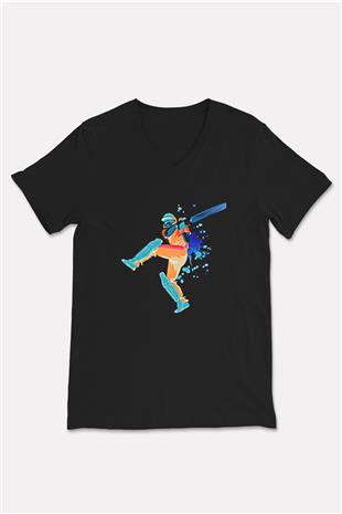 Kriket - Cricket Baskılı Unisex Siyah V Yaka Tişört