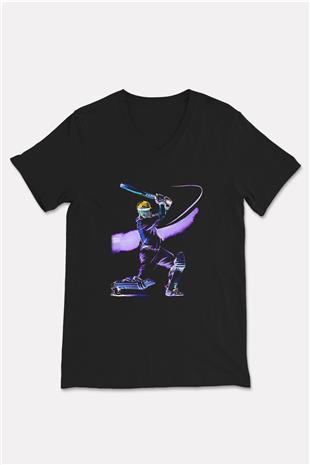 Kriket - Cricket Baskılı Unisex Siyah V Yaka Tişört