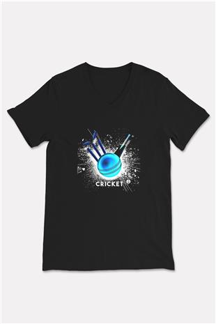 Kriket - Cricket Baskılı Unisex Siyah V Yaka Tişört