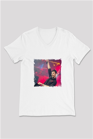 KSHMR Baskılı Beyaz V Yaka Unisex Tişört