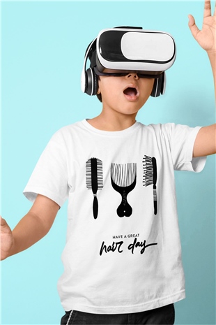 Kuaför Baskılı Beyaz Unisex Çocuk Tişört