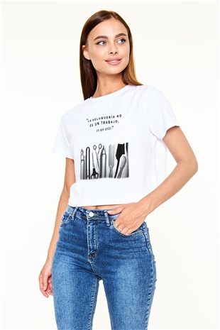 Kuaför Beyaz Croptop Tişört
