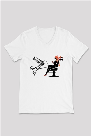 Kuaför Beyaz Unisex V Yaka Tişört T-Shirt