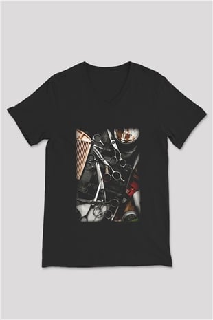 Kuaför Siyah Unisex V Yaka Tişört T-Shirt
