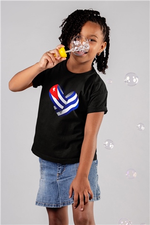 Küba Baskılı Siyah Unisex Çocuk Tişört