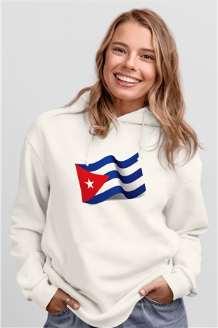 Küba Beyaz Unisex Kapşonlu Sweatshirt