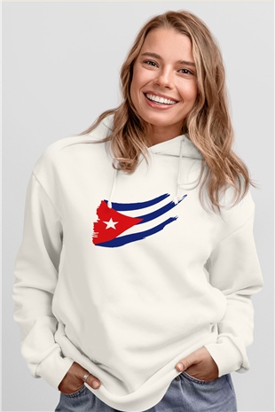 Küba Beyaz Unisex Kapşonlu Sweatshirt