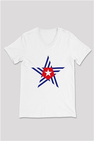 Küba Beyaz Unisex V Yaka Tişört T-Shirt