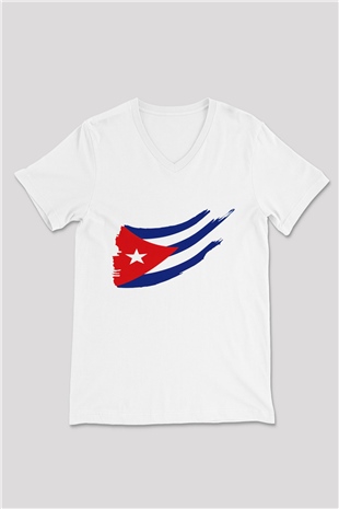 Küba Beyaz Unisex V Yaka Tişört T-Shirt