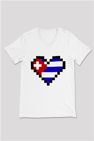 Küba Beyaz Unisex V Yaka Tişört T-Shirt