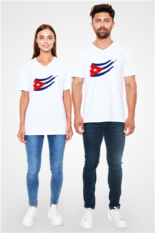 Küba Beyaz Unisex V Yaka Tişört T-Shirt