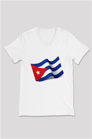 Küba Beyaz Unisex V Yaka Tişört T-Shirt
