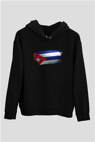 Küba - Cuba Bayrağı Baskılı Unisex Siyah Kapüşonlu Sweatshirt