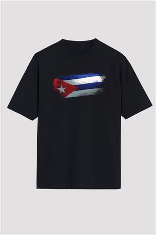 Küba - Cuba Bayrağı Baskılı Unisex Siyah Oversize Tişört