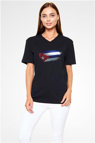 Küba - Cuba Bayrağı Baskılı Unisex Siyah V Yaka Tişört