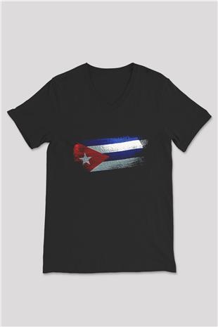 Küba - Cuba Bayrağı Baskılı Unisex Siyah V Yaka Tişört
