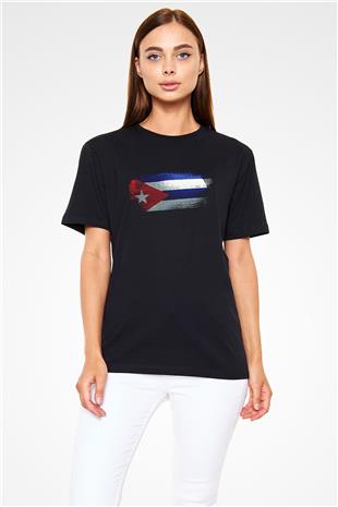 Küba - Cuba Bayrağı Baskılı Unisex Siyah Tişört