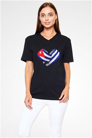 Küba Siyah Unisex V Yaka Tişört T-Shirt