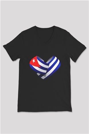 Küba Siyah Unisex V Yaka Tişört T-Shirt