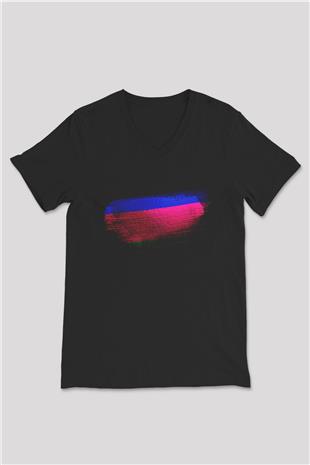 Kuban Halk Cumhuriyeti Bayrağı Baskılı Unisex Siyah V Yaka Tişört