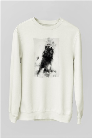 Kükreyen Aslan Baskılı Unisex Beyaz  Sweatshirt