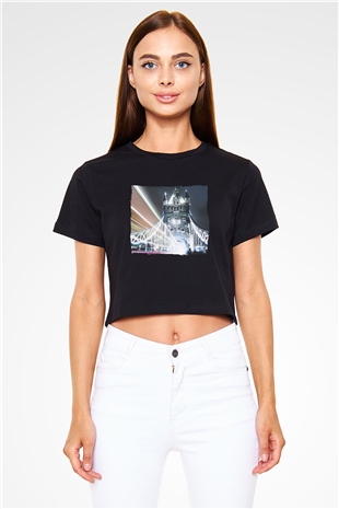 Kule Köprüsü Siyah  Crop Top Tişört