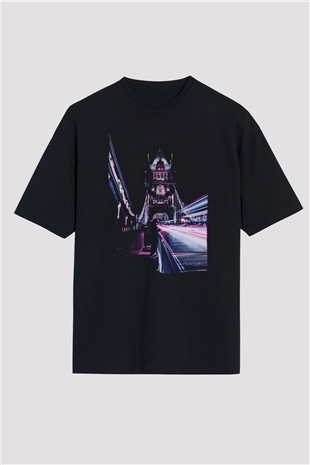 Kule Köprüsü Siyah Oversize Tişört Oversize T-shirt - TişörtFabrikası