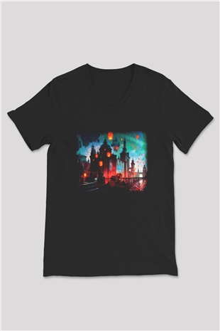 Kule Köprüsü Siyah Unisex V Yaka Tişört T-Shirt