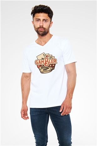 Kumarbaz Beyaz Unisex V Yaka Tişört