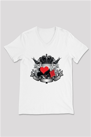 Kumarbaz Beyaz Unisex V Yaka Tişört T-Shirt
