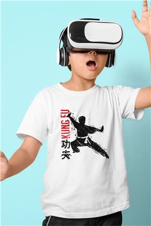 Kung Fu Baskılı Beyaz Unisex Çocuk Tişört