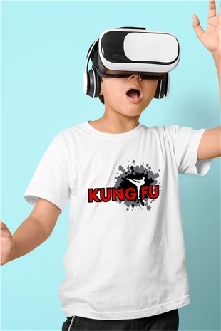 Kung Fu Baskılı Beyaz Unisex Çocuk Tişört