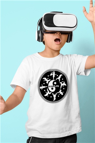 Kung Fu Baskılı Beyaz Unisex Çocuk Tişört