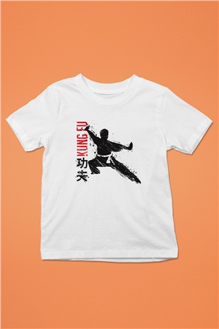 Kung Fu Baskılı Beyaz Unisex Çocuk Tişört