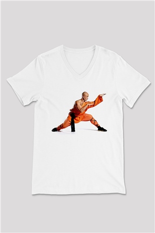 Kung Fu Beyaz Unisex V Yaka Tişört