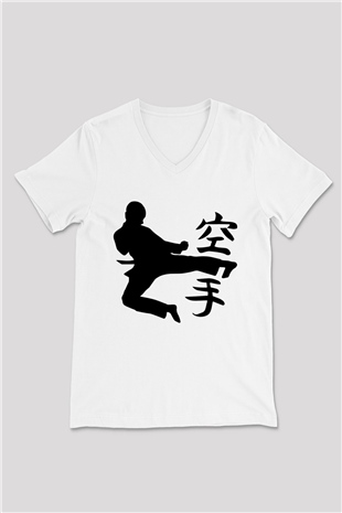Kung Fu Beyaz Unisex V Yaka Tişört T-Shirt