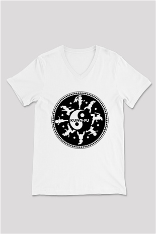 Kung Fu Beyaz Unisex V Yaka Tişört T-Shirt