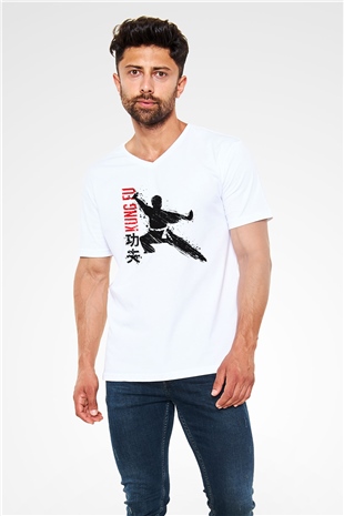 Kung Fu Beyaz Unisex V Yaka Tişört T-Shirt