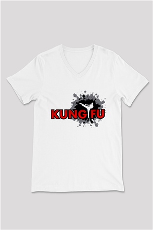 Kung Fu Beyaz Unisex V Yaka Tişört T-Shirt