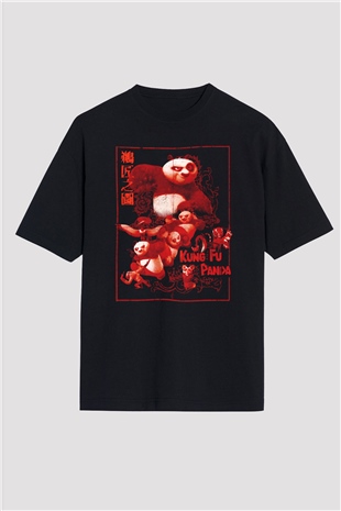 Kung Fu Panda Baskılı Oversize Siyah Tişört