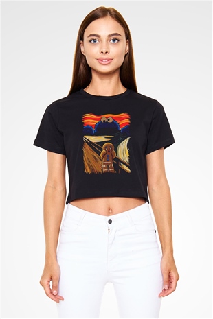 Kurabiye Canavarı Baskılı  Siyah  Crop Top Tişört